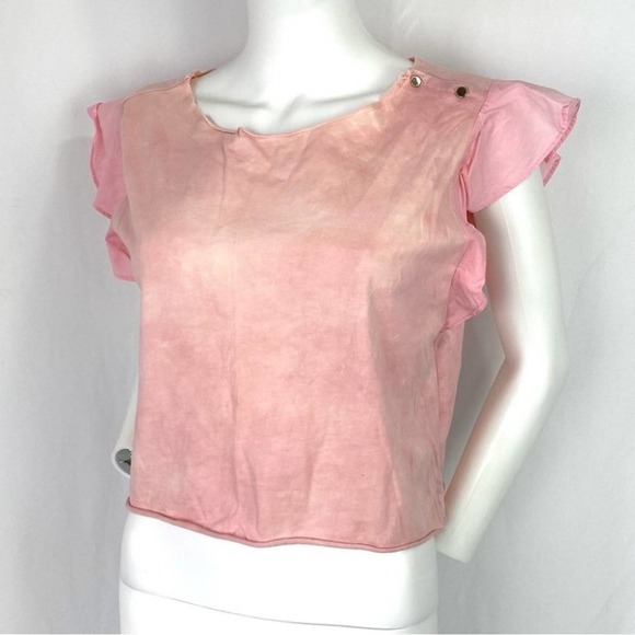 LOVESHACKFANCY CROPPED PINK FLUTTER SLEEVE BELLY SHIRT TOP SZ M - Picture 2 of 7